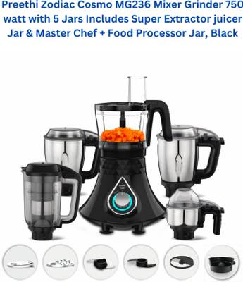 Preethi Zodiac Cosmo Super Extractor juicer Jar & Master Chef + Food Processor Jar MG 236 750 Juicer Mixer Grinder (5 Jars, Black)