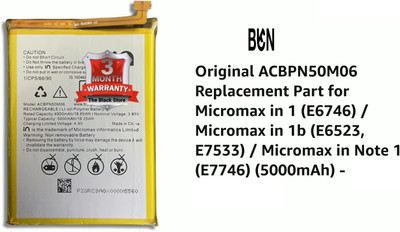BKN Mobile Battery For  MICROMAX / IN Micromax IN 1 (E6746) / IN Note 1 (E7746) Mobiles ACBPN50M06 – 5000mAh BATTERY