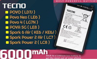 Tecno Mobile Battery For  BL58BT Hot 10 Play/Smart 4 Plus/5/Hot 10S/Hot 12 Play / Hot 12 Ke6 ,Pova,Ld7J -6000 MAh