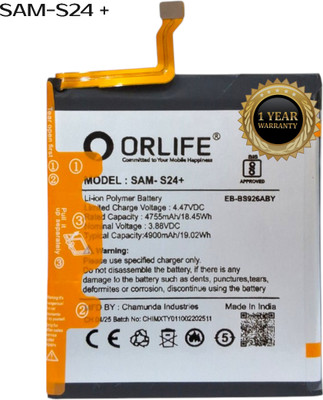 orlife Mobile Battery For  Samsung S24 PLUS (SM‑S926B/DS/U) EB-BS926ABY|S24 P ( 1 Year Replacement Warranty )