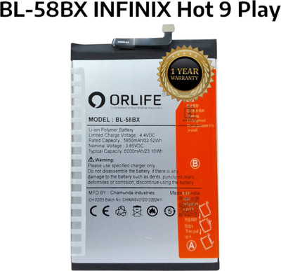 orlife Mobile Battery For  Infinix Hot 10S | Hot 10 Play | Hot 9 Play |Smart 4 Plus | BL-58BX 1 Year Replacement)