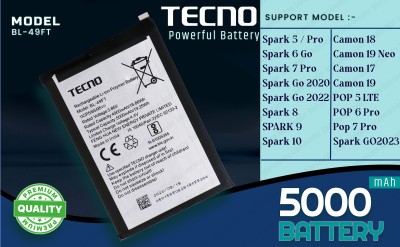 Tecno Mobile Battery For  BL 49FT Tecno Spark Go 2020 / Spark 6 Go / Camon 18 - 5000mAh