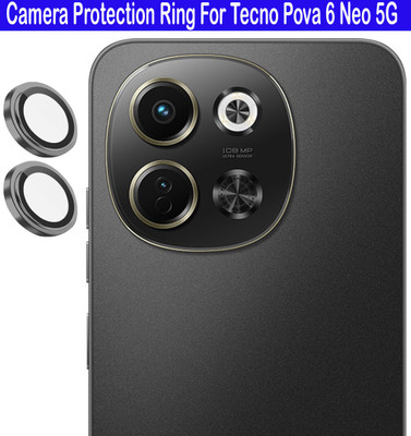 krezee Back Camera Lens Ring Guard Protector for Tecno Pova 6 Neo 5G [ Black Metal Ring with 9H Glass] Set of 1(Pack of: 2)
