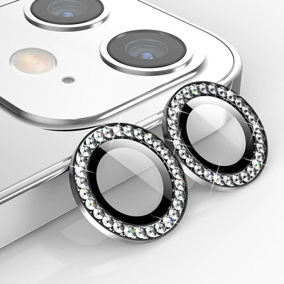 Evett Back Camera Lens Ring Guard Protector for iPhone 12 Diamond Stone Ring Protector Silver(Pack of: 2)