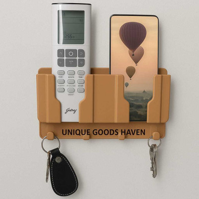 Unique Goods Haven Wall Mounted Mobile Holder with Remote Storage Rack, Key Hook Mobile Holder