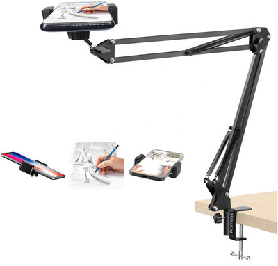 BROLAVIYA Overhead Tabletop Phone Holder, Metal Long Lazy Arm and Bracket For All Mobiles Mobile Holder