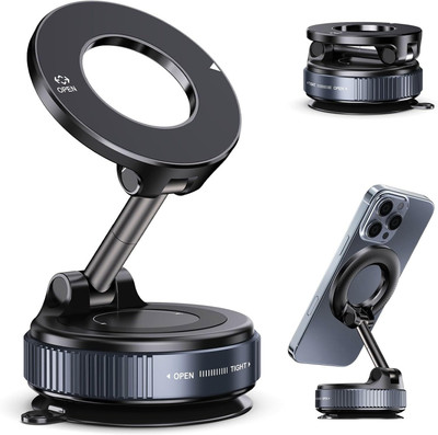 Riggear Vacuum Suction Magnetic Phone Holder | Adjustable 360° Car & Desk Mount (Black) Mobile Holder