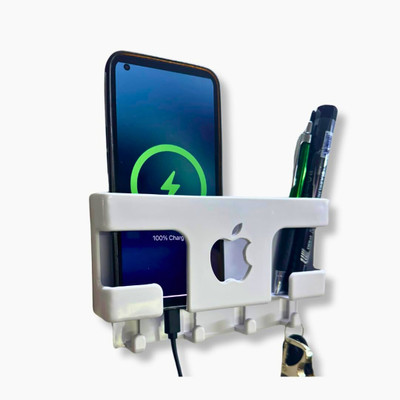 Muv up Wall Mount Mobile/Remote Stand with 4 Key Holders - No Drill Required - White Mobile Holder