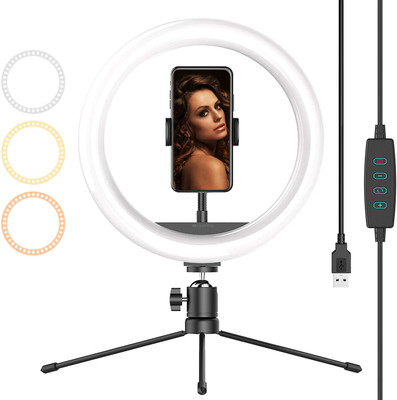 BROLAVIYA 10 Inch Ring Light with Tripod Stand Compatible to iPhone and Android Mobile Holder