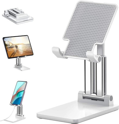 Soopii DM-01 pro Dual Support Desktop Mobile Phone Stand + Tablet Stand, Tab Stand, Mobile Holder, Adjustable & Foldable Mobile Stand, Aluminum Stand Holder for Mobile Phone and Tablet (Up to 14 inch) - Silver Mobile Holder