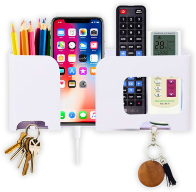 Muv up Wall Mount Mobile/Remote Stand with Key Holder- No Drill Required - White Mobile Holder