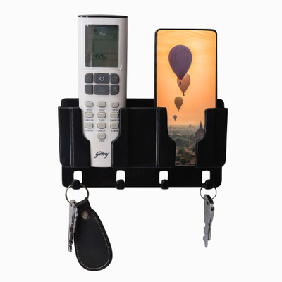 Muv up Wall Mount Mobile/Remote Stand with 4 Key Holders - No Drill Required - Black Mobile Holder