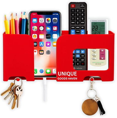 Unique Goods Haven Wall Mount Mobile/Remote Stand with Key Holder- No Drill Required - Multicolour Mobile Holder