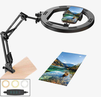 BROLAVIYA Overhead Video Phone Stand with Ring Light for Table Mobile Holder