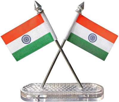 Uneestore Indian Flag Cross Car Dashboard - Black Acrylic Fiber Pole Rectangle Car Dashboard Flag(Plastic)
