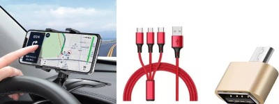 inGOT Mobile Holder Clip Type + 3 in 1 USB Cable 3.4A + USB Connector 3 in 1 Combo Mobile Holder