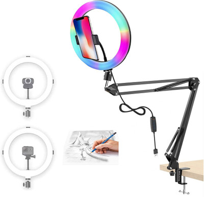 BROLAVIYA Overhead Mobile Stand With RGB Color 10 Inch Ring Light, 1/4 Inch Male Adaptor Mobile Holder