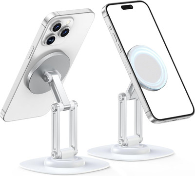 Riggear Premium Magnetic Phone Stand | 360° Rotating Foldable Desk Mount (White) Mobile Holder