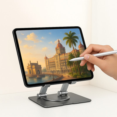 GLORSIO Multi-Angle Aluminum Tablet Stand – 360° Swivel, Compact & Foldable Mobile Holder