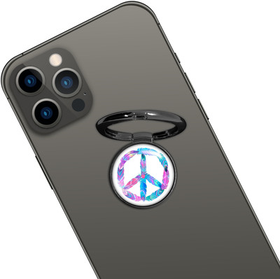 Swap-n-Snap BLACK HOLO-RING PHONE GRIP & STAND WITH PEACE DESIGN & SWAP MAGNET LOGO Mobile Holder