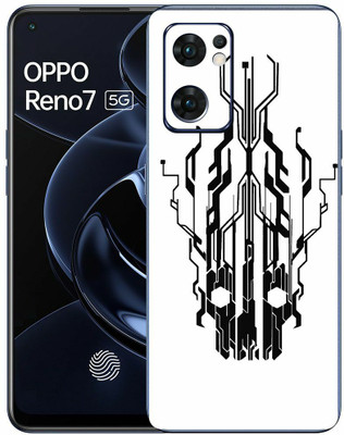 FCS Oppo Reno7 5G Printed Back Skin: Digital Flaming Cyber Skull White Mobile Skin(Digital Flaming Cyber Skull White Skin)