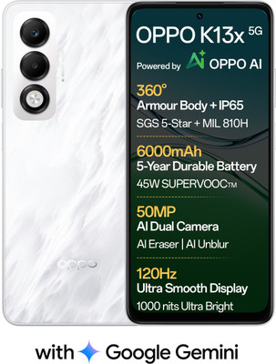 OPPO K13x 5G 6000mAh and 45W SUPERVOOC Charger & AI (Mist White, 128 GB)(6 GB RAM)