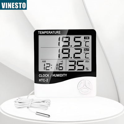 vinesto HTC-2 HTC-2 Digital Hygrometer Thermometer Humidity Meter With Clock LCD Display All-in-One Digital Moisture Measurer(20 mm)