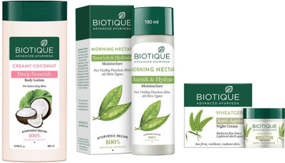 BIOTIQUE Creamy Coconut 180 ML , Morning Nectar 190 ML & Wheatgerm 50g(420 ml)