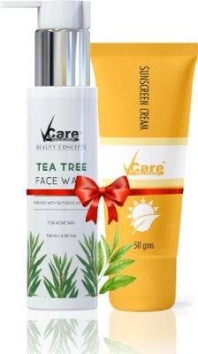 Vcare Tea Trea Face Wash Cleanser 100ml & Sunscreen SPF30 Cream 50g Combo Pack(2 Items in the set)