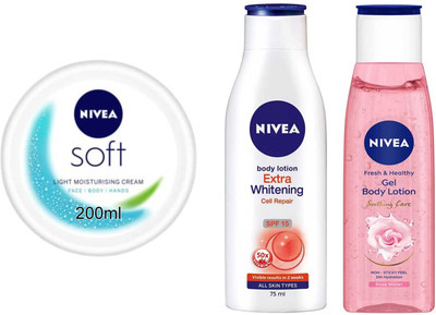NIVEA Rose gel 75ml Cell repair75ml and Soft 200ml Set of 3(350 ml)