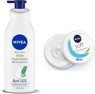 NIVEA Aloe Hydration Body Lotion - 400ml & Soft Light Moisturizing Cream - 100ml(500 ml)