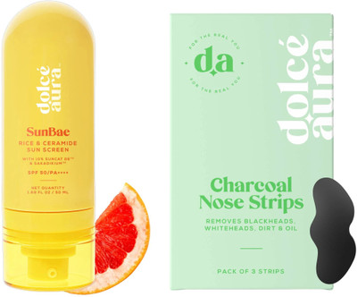 Dolcé Aura SunBae Rice - Ceramide Sunscreen And Peel ‘em Off Charcoal Nose Strips Combo(100 ml)