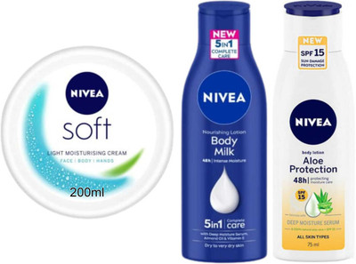 NIVEA Aloe Protection 75ml Bodymilk 75ml and Soft 200ml Set of 3(350 ml)