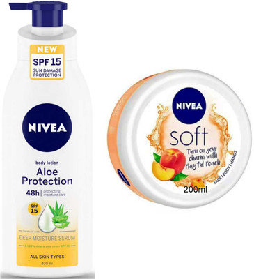 NIVEA Aloe Protection Spf15 400ml lotion and Peach 200ml Cream Set of 2pc(600 ml)