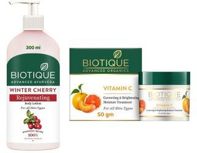 BIOTIQUE Winter Cherry Lotion -300ml & Vitamin C Moisture Treatment -50g (Pack of 2)(350 ml)
