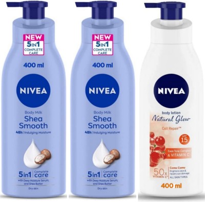 NIVEA Lotion 400ml - Shea Smooth -2pcs & Natural Glow Cell Repair (Pack of 3)(1200 ml)