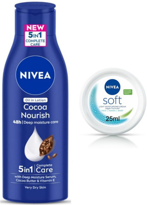 NIVEA Cocoa Nourish Lotion 200ml & Soft Light Moisturizer Cream 25ml (Pack of 2)(250 ml)