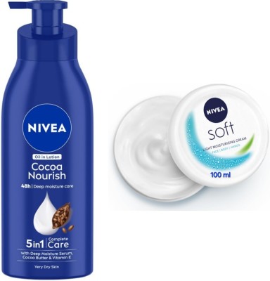 NIVEA Cocoa Nourish Body Lotion - 400ml & Soft Light Moisturizing Cream -100ml(2 Items in the set)