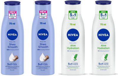 NIVEA Lotion 75ml -Shea Smooth -2pcs & Aloe Hydration -2pcs (Pack of 4)(300 ml)