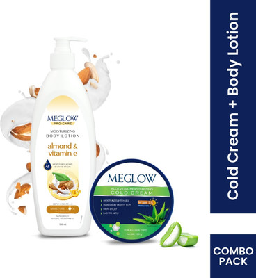 Meglow Almond & Vitamin-E Body Lotion 500ml + Aloevera Moisturizing Cold Cream 125g (625 Ml) For Rs. 249 @ 50 %