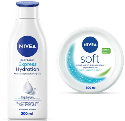 NIVEA EXPRESS HYDRATION BODY LOTION 200 ML & SOFT CREAM 300 ML(500 ml)