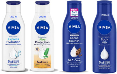 NIVEA Lotion 200ml - Express Hydration, Aloe Portection, Cocoa N., Body M. (Pack of 4)(800 ml)