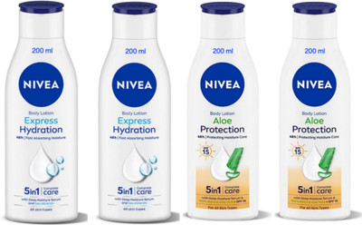 NIVEA Body Lotion 200ml - Express Hydration -2pcs & Aloe Protection -2pcs (Pack of 4)(800 ml)