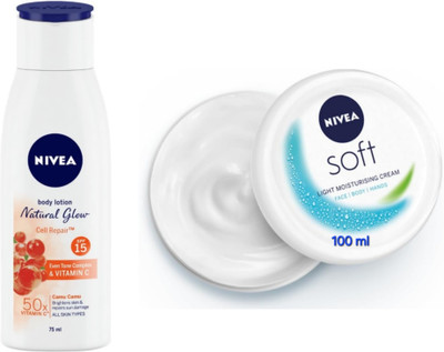 NIVEA Natural Glow Cell Repair Lotion - 75ml & Soft Light Moisturizing Cream - 100ml(175 ml)