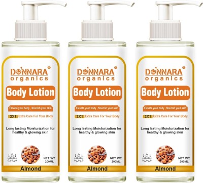 Donnara Organics Almond Body Lotion Long Lasting Moisturization for Glowing Skin (200ml) Pack 3(600 ml)