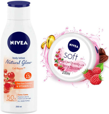 NIVEA Natural Glow Cell Repair 200ml lotion and Berry Blossom cream set of 2pc(400 ml)