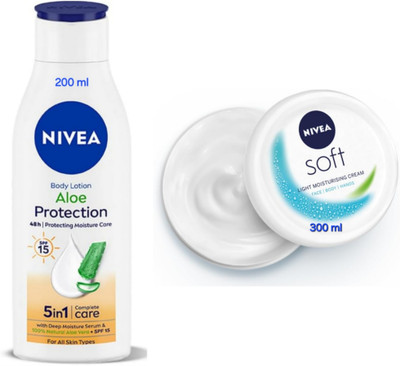 NIVEA Aloe Protection Body Lotion - 200ml & Soft Light Moisturizing Cream - 300ml(500 ml)
