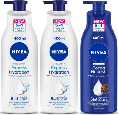 NIVEA Lotion 400ml - Express Hydration - 2pcs & Cocoa Nourish (Pack of 3)(1200 ml)