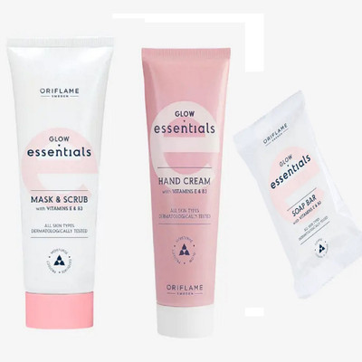 Oriflame Sweden glow essential hand cream & face mask & scrub & soap bar combo pack set(225 ml)