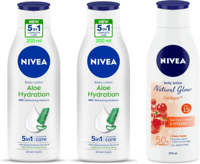 NIVEA Body Lotion 200ml - Aloe Hydration -2pcs & N.G. Cell Repair SPF 15 (Pack of 3)(600 ml)